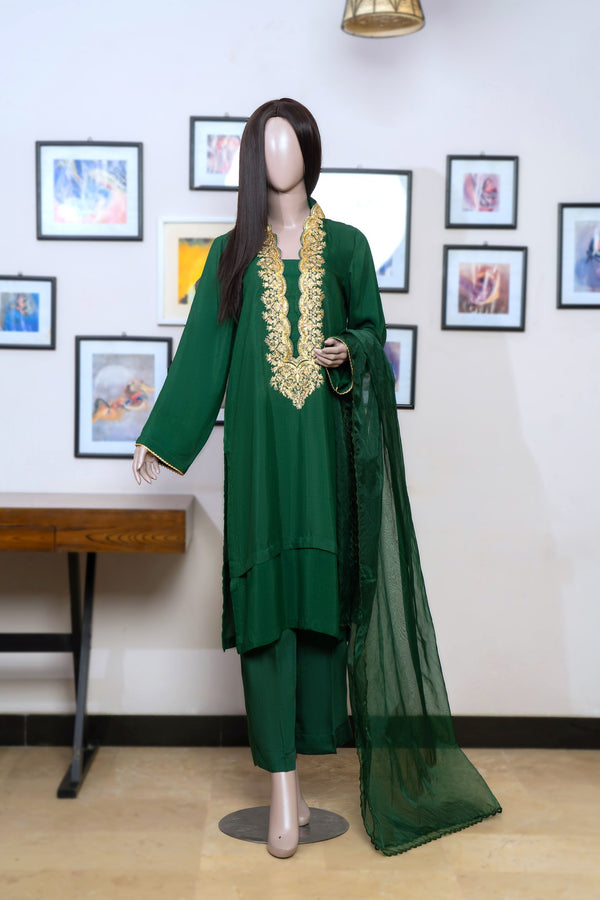 3 Pc Raw Silk Green Embroidered Suit