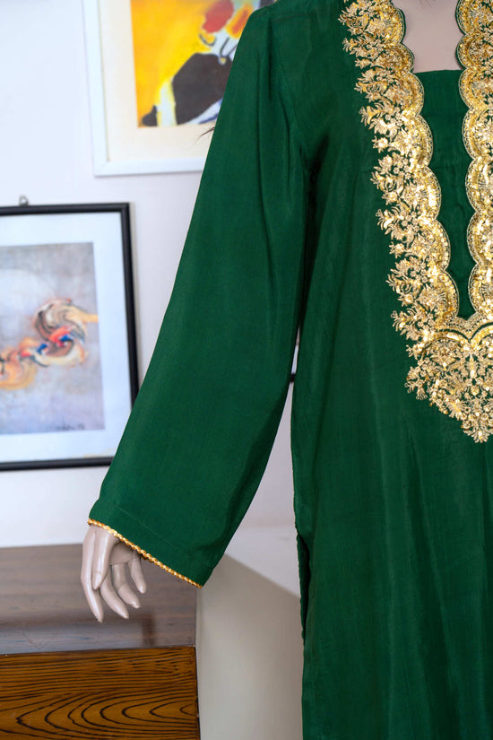 3 Pc Raw Silk Green Embroidered Suit