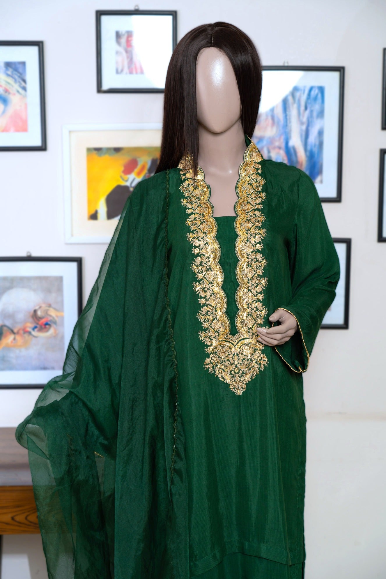 3 Pc Raw Silk Green Embroidered Suit