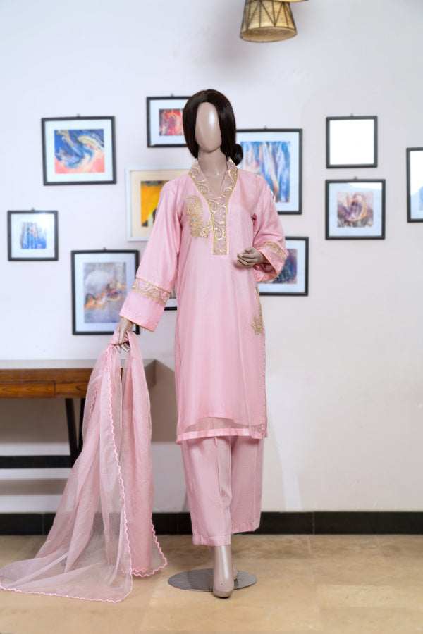 3 Pc  Pink Oranza Embroidered Suit